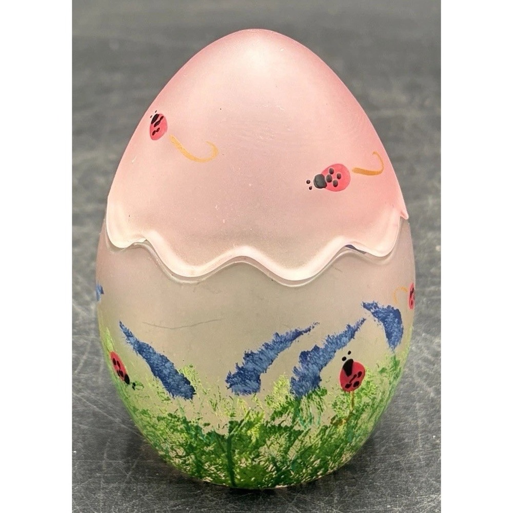 Frosted Glass Pink Easter Egg Hand Painted Flowers Votive Candle Trinket